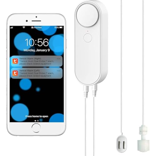 WiFi Wasserleck mit Wasserstand 2 In 1 Detektor, Intelligente Wassersensor Alarme, Getrennte 5M Dual Detection Line, Links und Rechts Dual Alarme, Remote App Überwachung,AAA Batteriebetrieben von Tuehakny