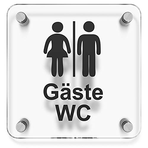 Türschilder24 WC Toiletten Wandschild/Türschild • Gäste - Gäste WC • 150 x 150mm. Schild besteht aus hochtransparentem 3mm Acrylglas. Inkl. 4 x Abstandshalter aus V2A Edelstahl von Türschilder24