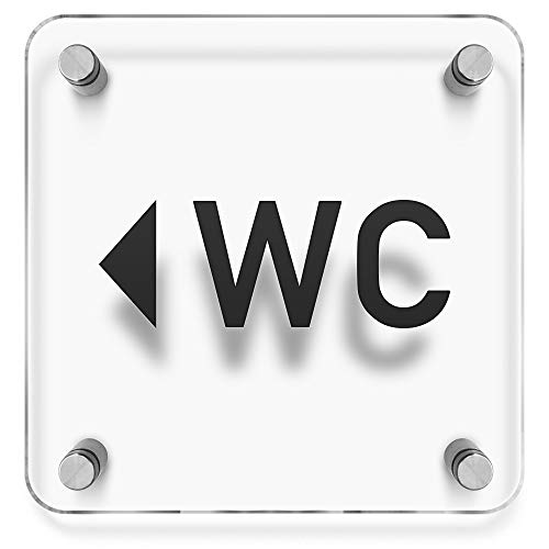 Türschilder24 WC Toiletten Wandschild/Türschild • WC + Pfeil - Wegweiser Links • 150 x 150mm. Schild besteht aus hochtransparentem 3mm Acrylglas. Inkl. 4 x Abstandshalter aus V2A Edelstahl von Türschilder24