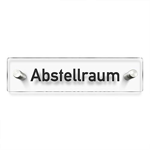 Türschilder24 Wandschild/Türschild • Abstellraum • 200 x 50mm. Schild besteht aus hochtransparentem 3mm Acrylglas. Inkl. 2 x Abstandshalter aus V2A Edelstahl von Türschilder24