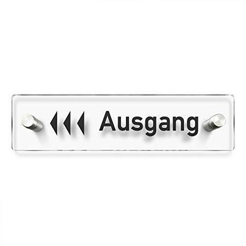 Türschilder24 Wandschild/Türschild • Ausgang Links 001 • 200 x 50mm. Schild besteht aus hochtransparentem 3mm Acrylglas. Inkl. 2 x Abstandshalter aus V2A Edelstahl von Türschilder24