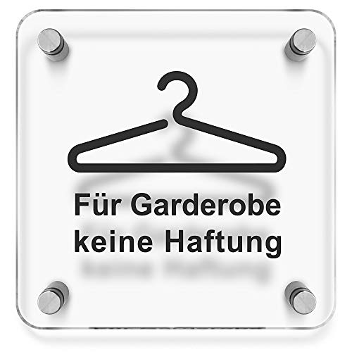 Türschilder24 Wandschild/Türschild • Für Garderobe Keine Haftung • 150 x 150mm. Schild besteht aus hochtransparentem 3mm Acrylglas. Inkl. 4 x Abstandshalter aus V2A Edelstahl von Türschilder24