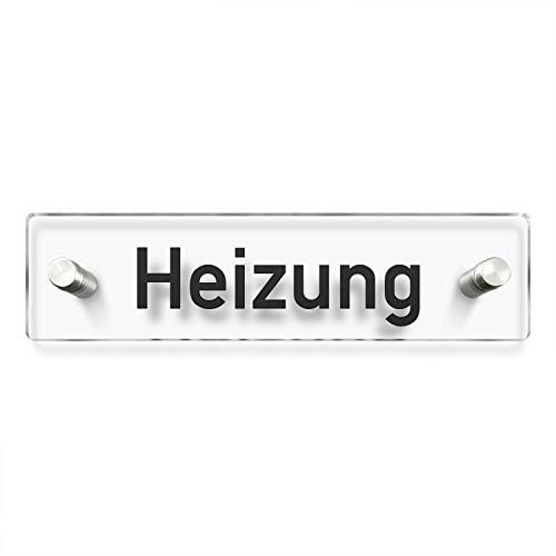 Türschilder24 Wandschild/Türschild • Heizung • 200 x 50mm. Schild besteht aus hochtransparentem 3mm Acrylglas. Inkl. 2 x Abstandshalter aus V2A Edelstahl von Türschilder24