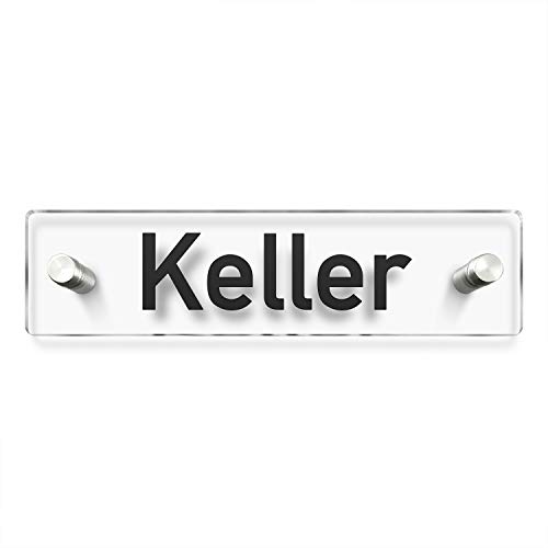 Türschilder24 Wandschild/Türschild • Keller • 200 x 50mm. Schild besteht aus hochtransparentem 3mm Acrylglas. Inkl. 2 x Abstandshalter aus V2A Edelstahl von Türschilder24