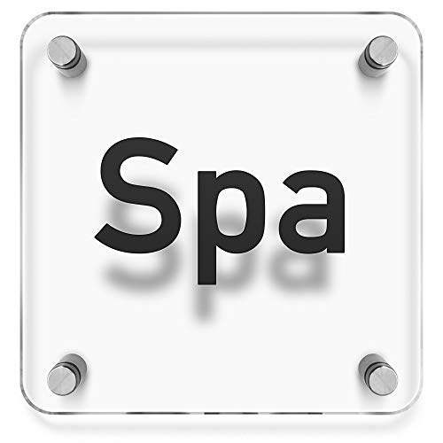 Türschilder24 Wandschild/Türschild • SPA • 150 x 150mm. Schild besteht aus hochtransparentem 3mm Acrylglas. Inkl. 4 x Abstandshalter aus V2A Edelstahl von Türschilder24