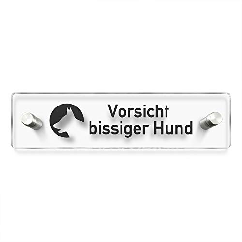 Türschilder24 Wandschild/Türschild • Vorsicht bissiger Hund 002 • 200 x 50mm. Schild besteht aus hochtransparentem 3mm Acrylglas. Inkl. 2 x Abstandshalter aus V2A Edelstahl von Türschilder24