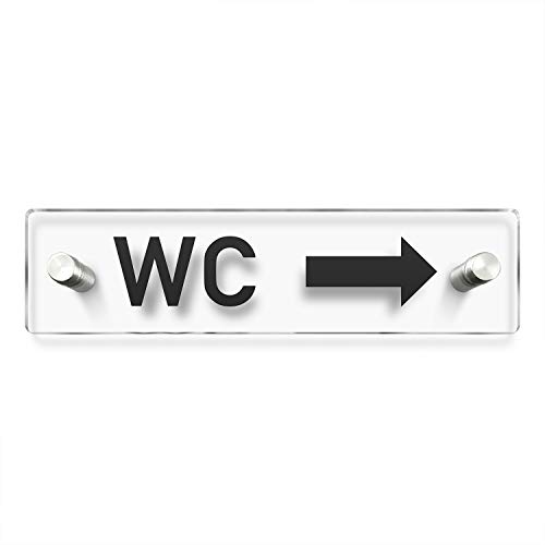 Türschiloder24 WC Toiletten Wandschild/Türschild • WC rechts 002 • 200 x 50mm. Schild besteht aus hochtransparentem 3mm Acrylglas. Inkl. 2 x Abstandshalter aus V2A Edelstahl von Türschilder24