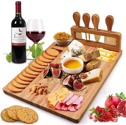 Tuevob Bambus Käsebrett mit Käsemesser Set Käseplatten Käsebretter Servierplatte Servierbrett Geschenk für Party-Geburtstag, Weihnachts-Thanksgiving-Tag Cheese Board Charcuterie Board von Tuevob