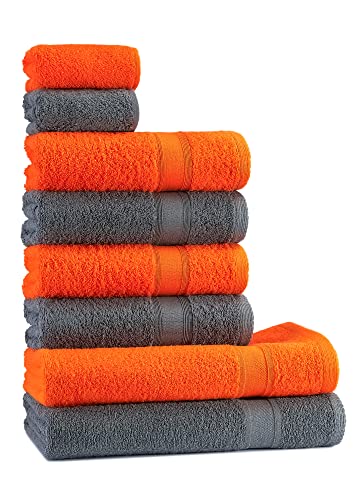 Tuiste Handtuch Set Grau Orange |%100 Baumwolle Frotee Handtücher Set 8 Teilig | 2X Badetücher Set, 4X Handtücher, 2X Gästetücher | Weich und Saugstark | Fabre: Anthrazit Grau - Orange von Tuiste