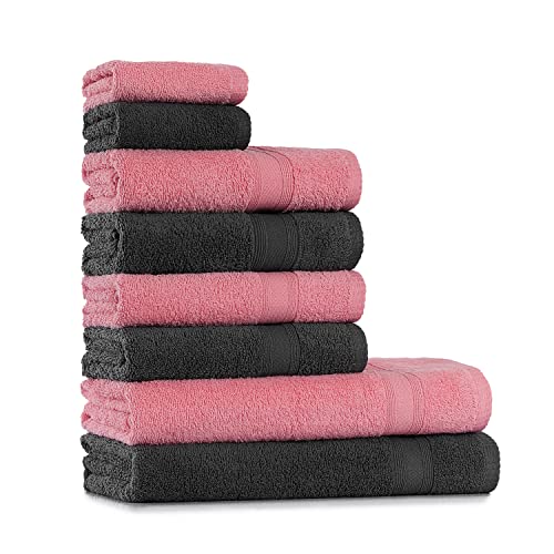 Tuiste Handtuch Set Grau Rosa |%100 Baumwolle Frotee Handtücher Set 8 Teilig | 2X Badetücher Set, 4X Handtücher, 2X Gästetücher | Weich und Saugstark | Fabre: Anthrazit Grau - Altrosa von Tuiste