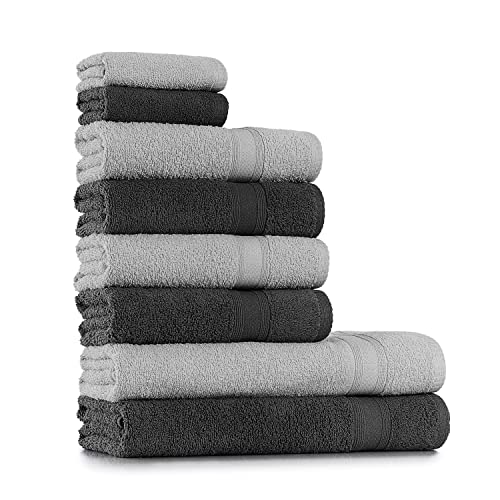 Tuiste Handtuch Set Grau Silbergrau |%100 Baumwolle Frotee Handtücher Set 8 Teilig | 2X Badetücher Set, 4X Handtücher, 2X Gästetücher | Weich und Saugstark | Fabre: Anthrazit Grau - Silbergrau von Tuiste