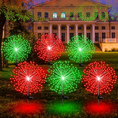 Tujoe 6 Stück Weihnachten Solar Feuerwerk Pfahl Lichter 180 LED 8 Modi Solar Wasserdicht LED Wunderkerze Lichter Outdoor Dekoration für Garten Terrasse Hof Weg Gehweg Rasen (Rot, Grün) von Tujoe