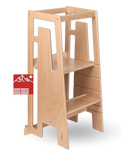 Tuki Lernturm ab 1 Jahr für Kinder Nature | Höhenverstellbar, hohe Standsicherheit, ergonomisches Design | Langlebiger Montessori Learning Tower hilft bei Motorik & Lernen von Tuki