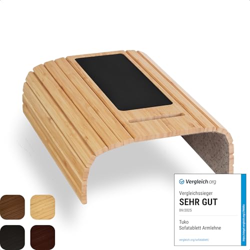 Tuko Sofatablett Armlehne Flexibel Bambus mit Handyhalterung - Sofa Ablage Getränkehalter Mauspad - Holztablett Sofa Tablett Butler Auflage Tisch Couch Ablage Lehne für Sofalehne - Natur von Tuko