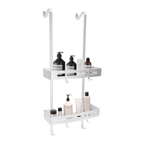 2-stufiges Duschregal mit 6 Haken – Badezimmer-Aufhängeregal in heller Sandfarbe – Spritzwassergeschütztes Badregal mit 4 verstellbaren Haken – Platzsparende Doppelebene für Shampoo & Duschzubehör von TuliperMood