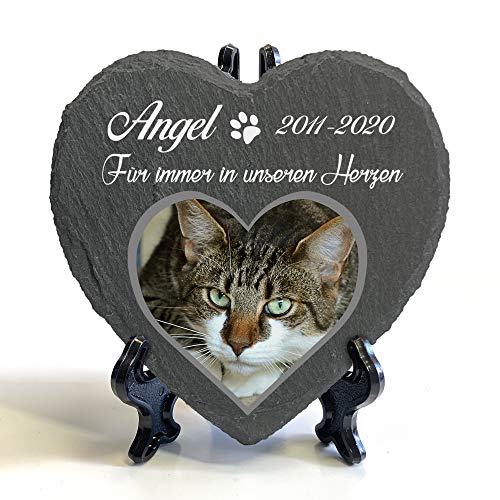 Individueller Personalisiert Herzform Tiergrabstein Schiefer Gedenkstein + Ständer für Hund, Katze und andere Haustiere Tiere - Größe | 10 x 10 cm | - Foto und Name von TULLUN