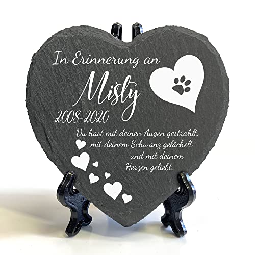 Individueller Personalisiert Herzform Tiergrabstein Schiefer Gedenkstein + Ständer für Hund, Katze und andere Haustiere Tiere - Größe | 10 x 10 cm | - Gedicht von TULLUN