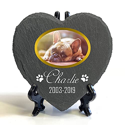 Individueller Personalisiert Herzform Tiergrabstein Schiefer Gedenkstein + Ständer für Hund, Katze und andere Haustiere Tiere - Größe | 10 x 10 cm | - Goldrahmen Foto Individueller Personalisiert Herzform Tiergrabstein Schiefer Gedenkstein + Ständer für Hund, Katze und andere Haustiere Tiere - Größe | 10 x 10 cm | - Goldrahmen Foto von TULLUN