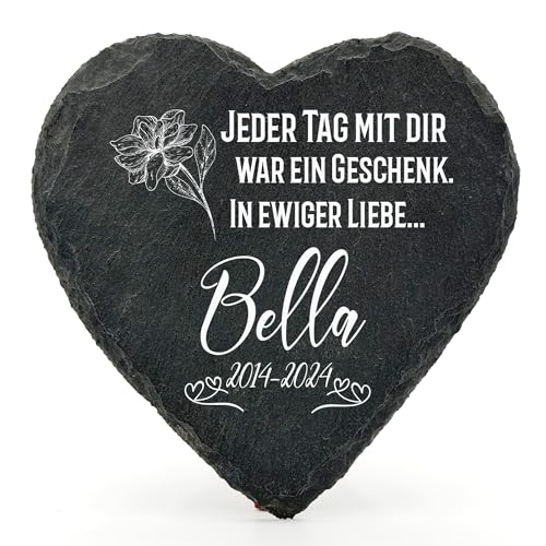 Individueller Personalisiert Herzform Tiergrabstein Schiefer Gedenkstein für Hund, Katze und andere Haustiere Tiere - Größe | 10 x 10 cm | - Blumen von TULLUN