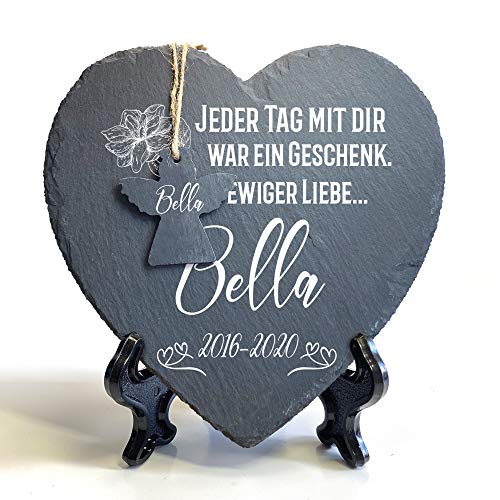 Individueller Personalisiert Groß Herzform und Engel Tiergrabstein Schiefer Gedenkstein + Ständer für Hund, Katze und andere Haustiere Tiere - Größe | 25 x 25 cm | - Blume von TULLUN