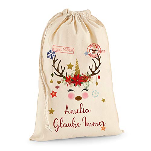 TULLUN Personalisierte Santa Weihnachtssack Extra groß XL (75 x 49 cm 38 Liter) - Einhorn Glaube Immer von TULLUN