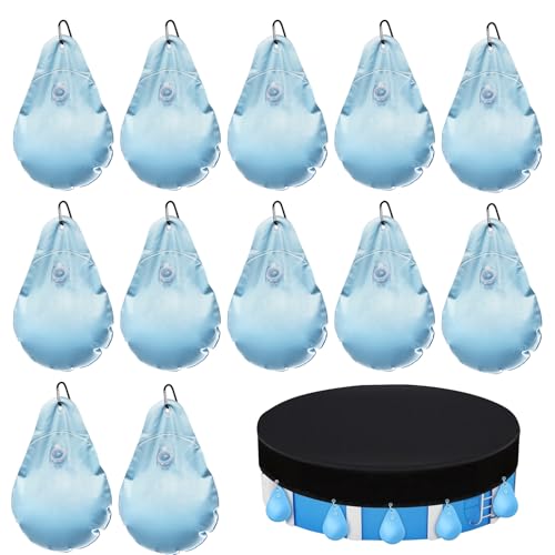 12 Stück Poolabdeckung Gewichte Wassersack – 23×34 cm Hängende Pool Wandtaschen mit Haken & Schnallen, Verdickte PE Wassersäcke mit Anti-Leck-Ventil für Winterabdeckplane & Schwimmbadschutz von Tulov