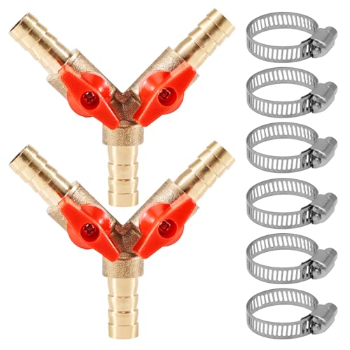 2 Stück 6mm 3 Wege Schlauchverbinder aus Messing mit Kugelhahn – Y Form Absperrventil – für Rohr, Luft, Wasser, Gas – Set mit 6 Schlauchschellen ideal für Garten, Werkstatt, Haushalt von Tulov
