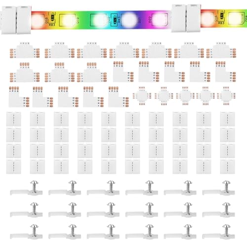 95 Stücke 4 Polig LED Licht Streifen Verbinder Set,LED Strip Verbinder Set mit Schrauben Clips,Schneidbar PCB Board in T,L und X Form,4 Polig Anschluss,für 5050 LED Streifen von Tulov