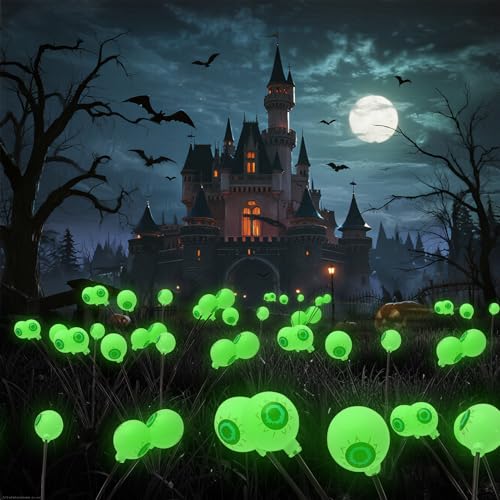 Tulov 2 Stück Halloween Deko Licht Outdoor,6 LED Augapfel Halloween Lichter,alloween Deko Solarlampen,Solar Lichter,Solarleuchten für Terrasse, Spukhäuser und Partyzubehör(Grün) von Tulov
