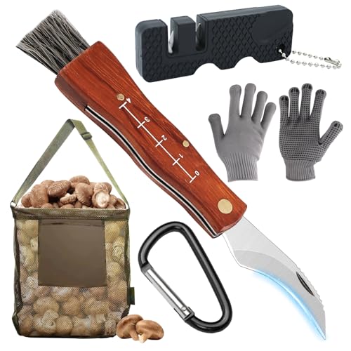 Tulov Pilzmesser mit Bürste,Handschuhe,Pilzsammelbeutel Messerschärfer und Karabiner,Pilzsammler Messer,Pilzsammeltasche,Messerschärfer,Klappmesser,Pilzmesser Set Geschenk für Pilzsammler von Tulov