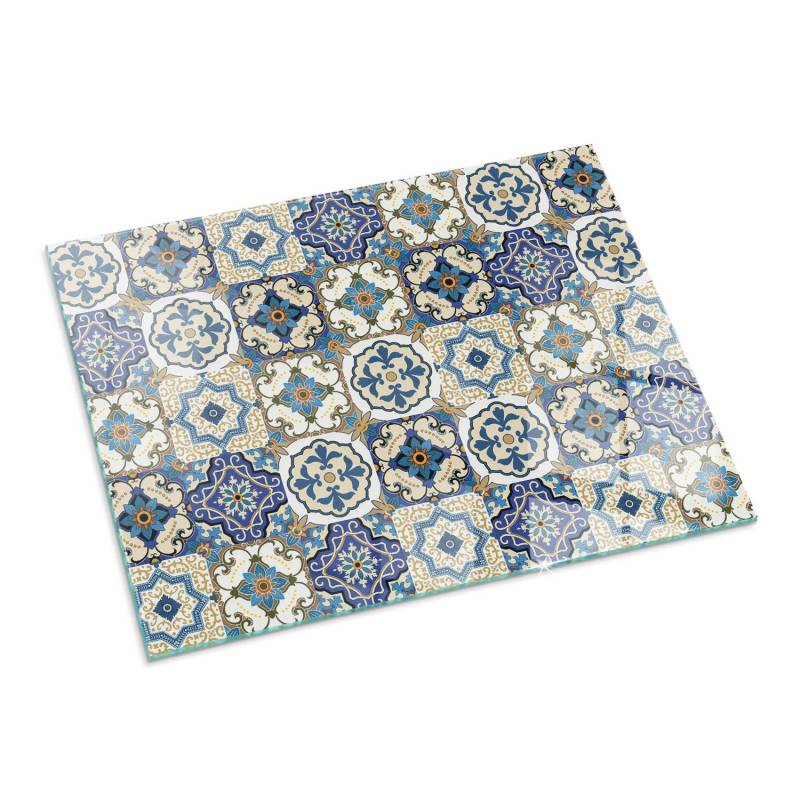 Tulup Glasplatte für Kamin Mosaikmuster mit Blumen Glas unter Kamin Rechteck 80x60 cm Blau Glasplatte für Kamin Glasplatte unter Kamin von Tulup