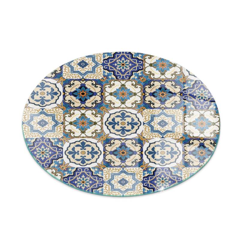 Tulup Glasplatte für Kamin Mosaikmuster mit Blumen Glas unter Kamin Runden 60x60 cm Blau Glasplatte für Kamin Glasplatte unter Kamin von Tulup