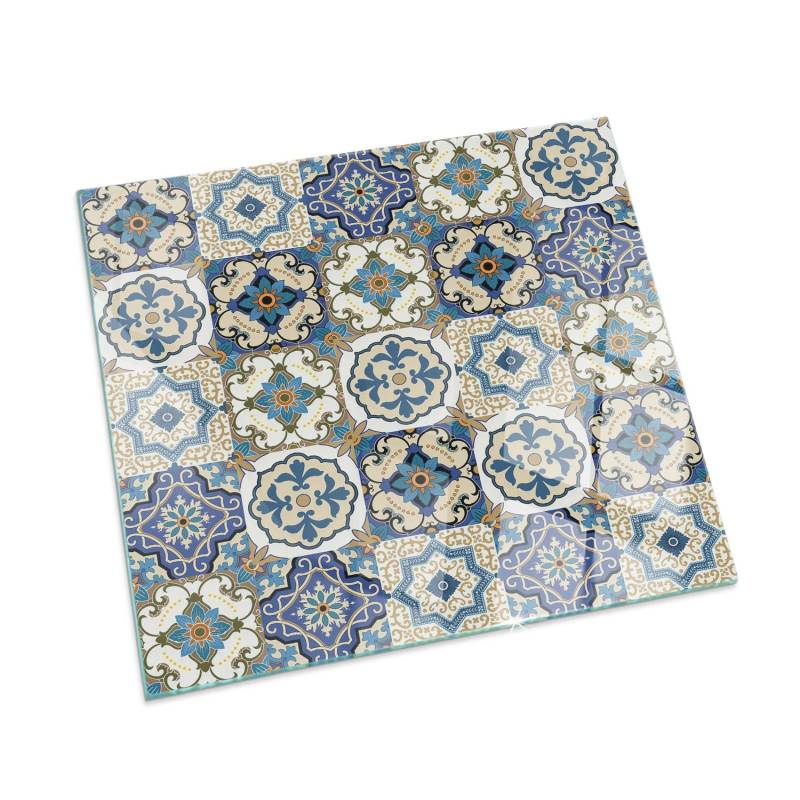 Tulup Glasplatte für Kamin Mosaikmuster mit Blumen Vorlegeplatte für Kaminöfen Quadrat 50x50 cm Blau Glasplatte für Kamin Bodenplatte Glas für Ofen von Tulup