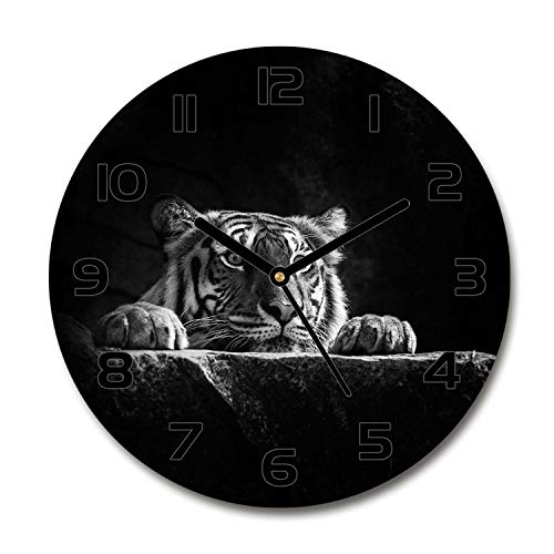 Tulup Glasuhr ⌀ 30cm - Schwarze Zeigern - Wanduhr Wandkunst Bild Gehärtetem Glas Uhr Echtglas Küche Wohnzimmer - Tiger von Tulup