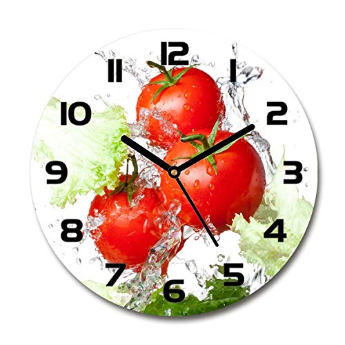 Tulup Glasuhr ⌀ 30cm - Schwarze Zeigern - Wanduhr Wandkunst Bild Gehärtetem Glas Uhr Echtglas Küche Wohnzimmer - Tomaten und Salat von Tulup
