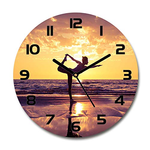 Tulup Glasuhr ⌀ 30cm - Schwarze Zeigern - Wanduhr Wandkunst Bild Gehärtetem Glas Uhr Echtglas Küche Wohnzimmer - Yoga am Strand von Tulup