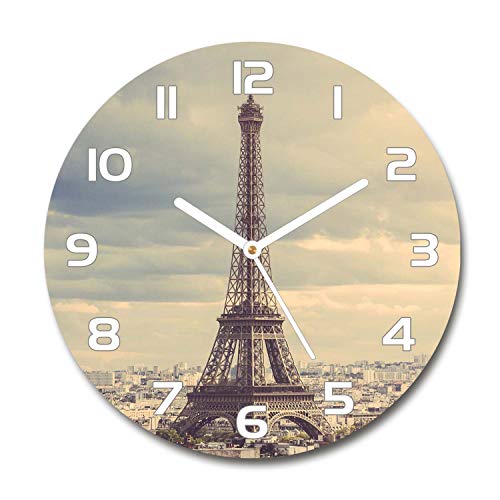 Tulup Glasuhr ⌀ 30cm - weißen Zeigern - Wanduhr Wandkunst Bild Gehärtetem Glas Uhr Echtglas Küche Wohnzimmer - Eiffelturm Paris von Tulup