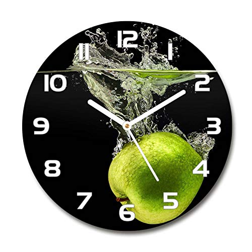 Tulup Glasuhr ⌀ 30cm - weißen Zeigern - Wanduhr Wandkunst Bild Gehärtetem Glas Uhr Echtglas Küche Wohnzimmer - Grüne Äpfel von Tulup