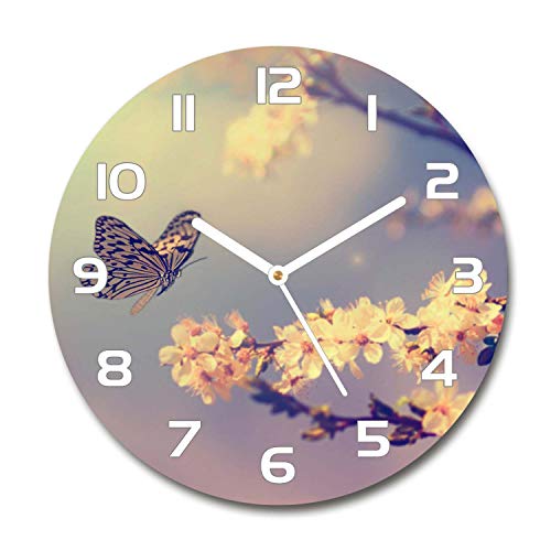 Tulup Glasuhr ⌀ 30cm - weißen Zeigern - Wanduhr Wandkunst Bild Gehärtetem Glas Uhr Echtglas Küche Wohnzimmer - Kirschblüte und Schmetterling von Tulup