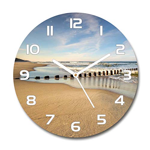 Tulup Glasuhr ⌀ 30cm - weißen Zeigern - Wanduhr Wandkunst Bild Gehärtetem Glas Uhr Echtglas Küche Wohnzimmer - Strand an der Ostsee von Tulup