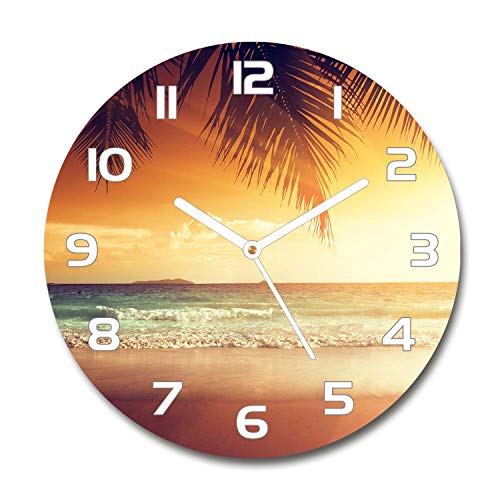 Tulup Glasuhr ⌀ 30cm - weißen Zeigern - Wanduhr Wandkunst Bild Gehärtetem Glas Uhr Echtglas Küche Wohnzimmer - Tropischer Strand von Tulup