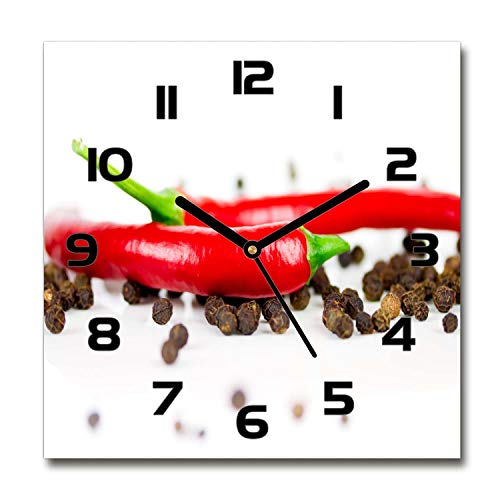 Tulup Glasuhr - 30x30cm - Schwarze Zeigern - Wanduhr Wandkunst Bild Gehärtetem Glas Uhr Echtglas Küche Wohnzimmer - Chilli und Pfeffer von Tulup
