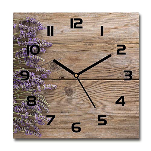 Tulup Glasuhr - 30x30cm - Schwarze Zeigern - Wanduhr Wandkunst Bild Gehärtetem Glas Uhr Echtglas Küche Wohnzimmer - Lavendel auf dem Holz von Tulup