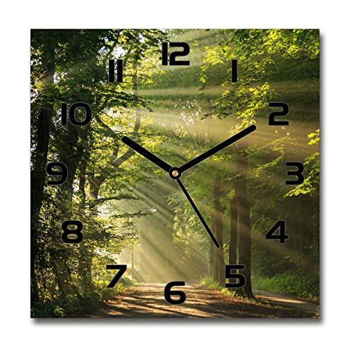 Tulup Glasuhr - 30x30cm - Schwarze Zeigern - Wanduhr Wandkunst Bild Gehärtetem Glas Uhr Echtglas Küche Wohnzimmer - Wald in der Sonne von Tulup