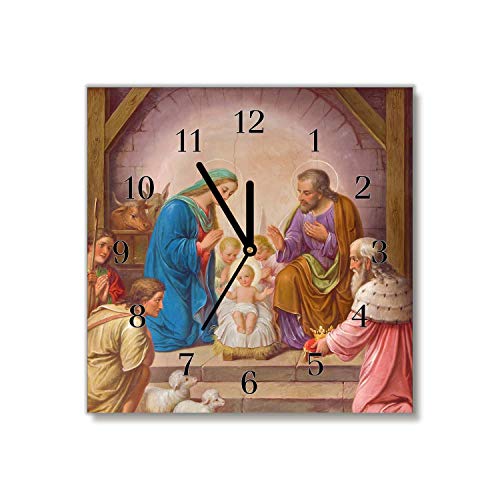 Tulup Glasuhr - 30x30cm - Weinachten Wanduhr - Wandkunst Bild auf Glas - Dekoratives Uhr Gehärtetem Glas - Echtglas für Küche & Wohnzimmer - Schwarze Uhrzeiger - Stabiles Weihnachten Jesus von Tulup