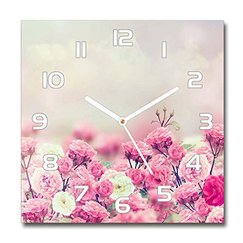 Tulup Glasuhr - 30x30cm - weißen Zeigern - Wanduhr Wandkunst Bild Gehärtetem Glas Uhr Echtglas Küche Wohnzimmer - Blumen der Wilden Rose von Tulup