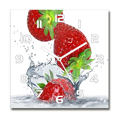 Tulup Glasuhr - 30x30cm - weißen Zeigern - Wanduhr Wandkunst Bild Gehärtetem Glas Uhr Echtglas Küche Wohnzimmer - Erdbeeren und Wasser von Tulup