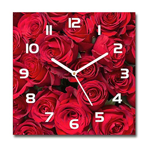 Tulup Glasuhr - 30x30cm - weißen Zeigern - Wanduhr Wandkunst Bild Gehärtetem Glas Uhr Echtglas Küche Wohnzimmer - Rote Rosen von Tulup