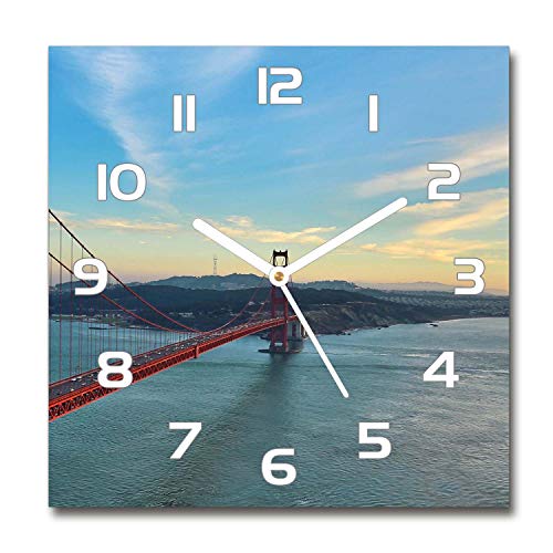 Tulup Glasuhr - 30x30cm - weißen Zeigern - Wanduhr Wandkunst Bild Gehärtetem Glas Uhr Echtglas Küche Wohnzimmer - San Francisco Brücke von Tulup