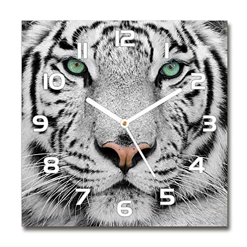 Tulup Glasuhr - 30x30cm - weißen Zeigern - Wanduhr Wandkunst Bild Gehärtetem Glas Uhr Echtglas Küche Wohnzimmer - Weißer Tiger von Tulup